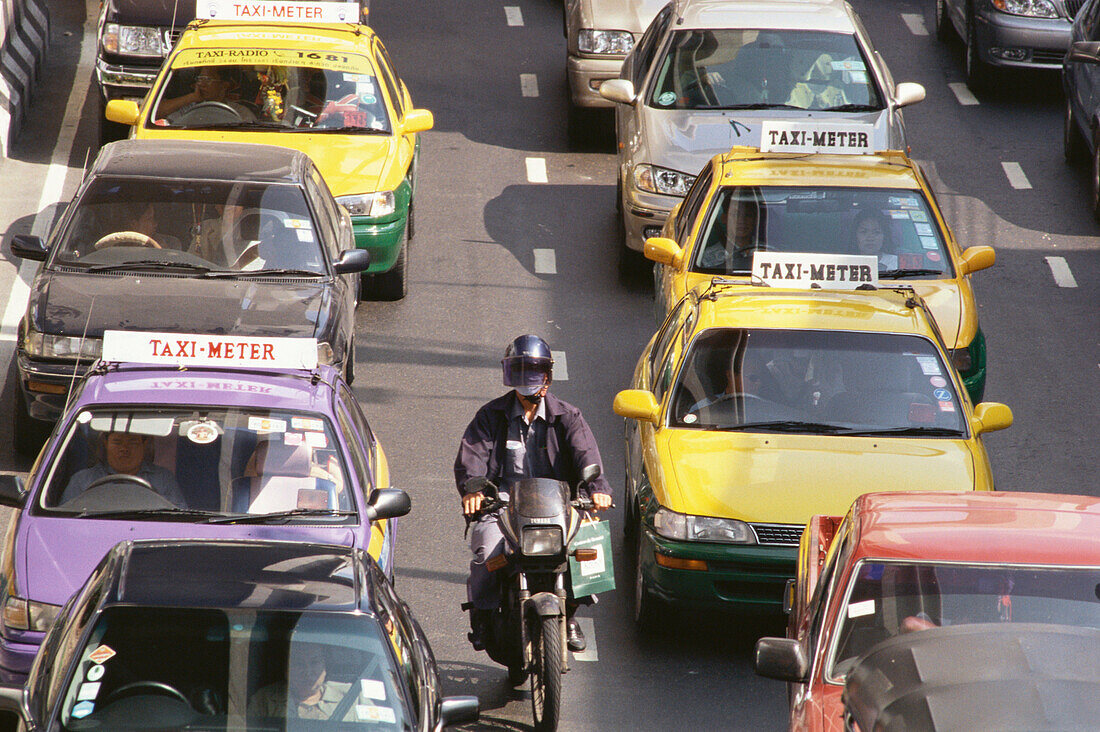 Taxis and rush hour traffic, Traffic Jam, City Scape, Bangkok, Thailand