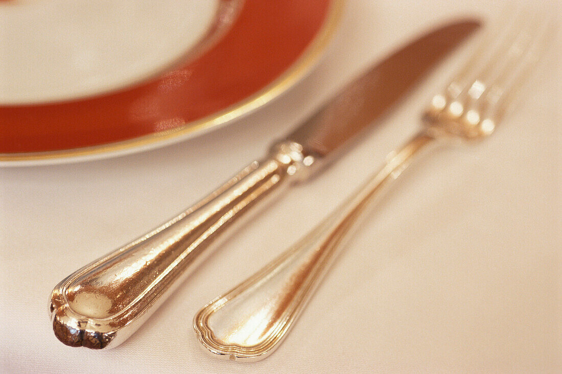 Nahaufnahme von Besteck, Tischgedeck, Messer und Gabel in Restaurant Taillevent, Paris, Frankreich