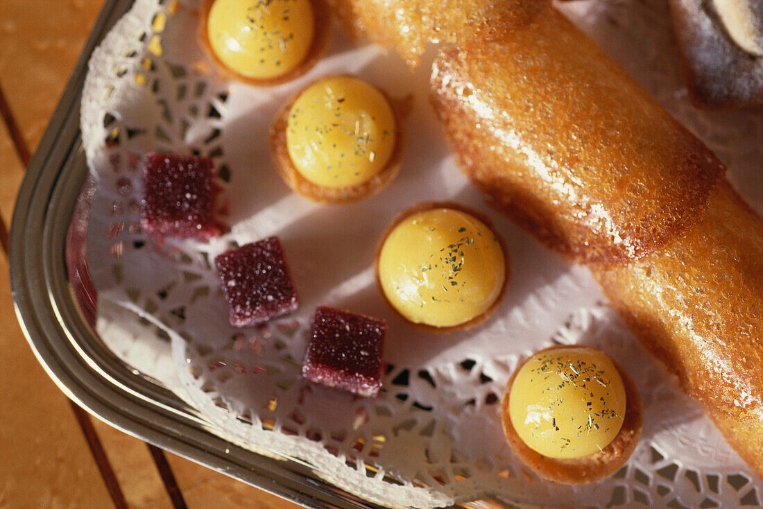 Close up of cakes and biscuits in Hotel Meurice, Accomodation, Paris, France