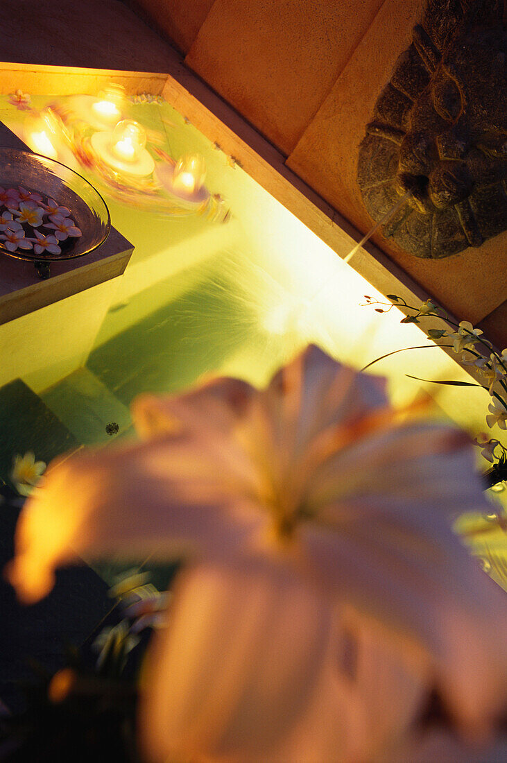Ein Whirlpool, Spa mit Blumen und Blüten, Entspannung, Wellness, Hotel Oberoi, Urlaub, Mauritius, Afrika