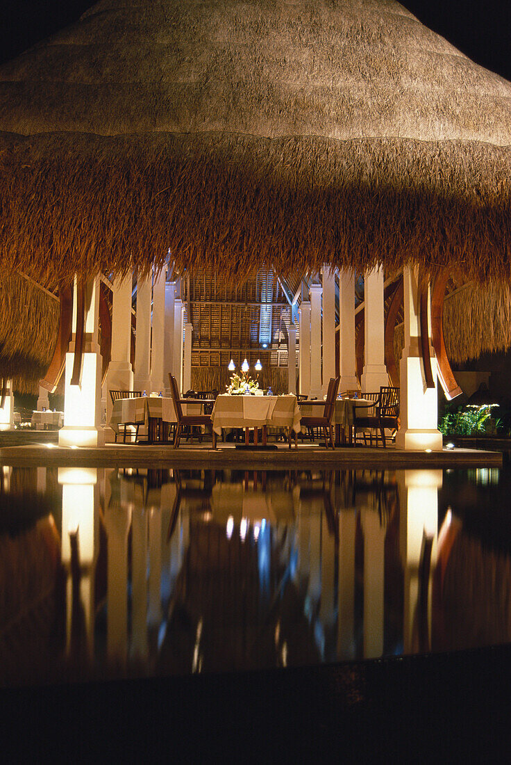 The restaurant and reflection in Hotel Oberoi, Holiday, Mauritius, Africa