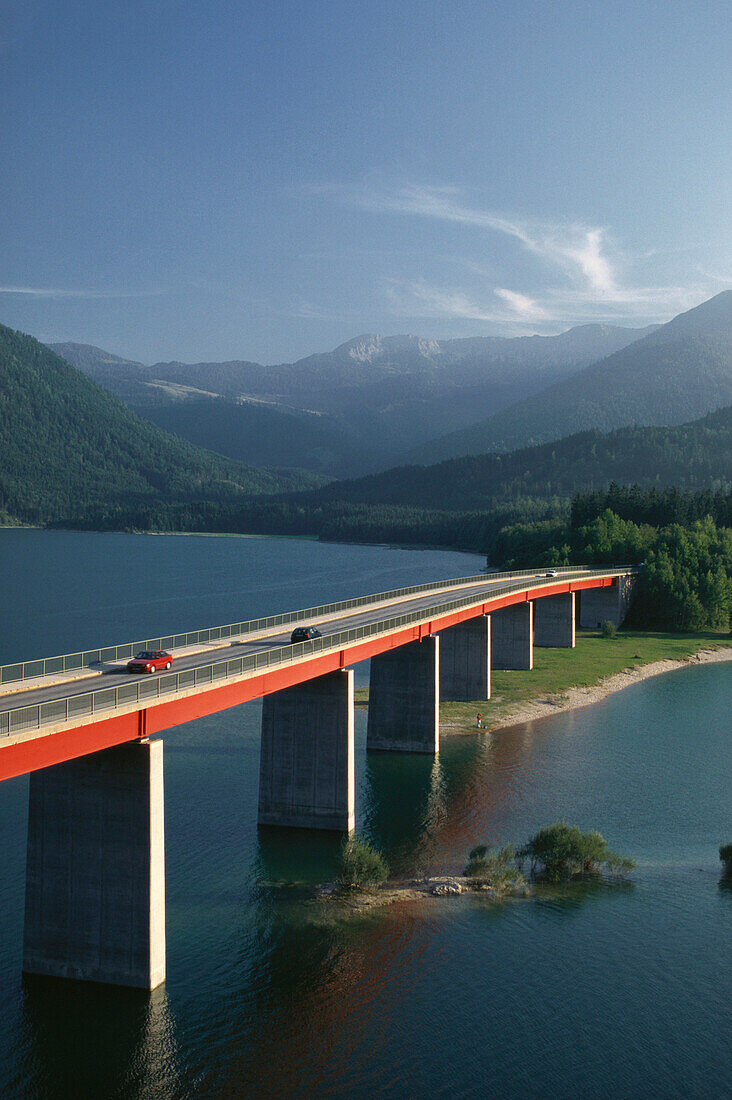 Bridge over Sylvenstein reservoir, Upper Bavaria, Bavaria, Germany