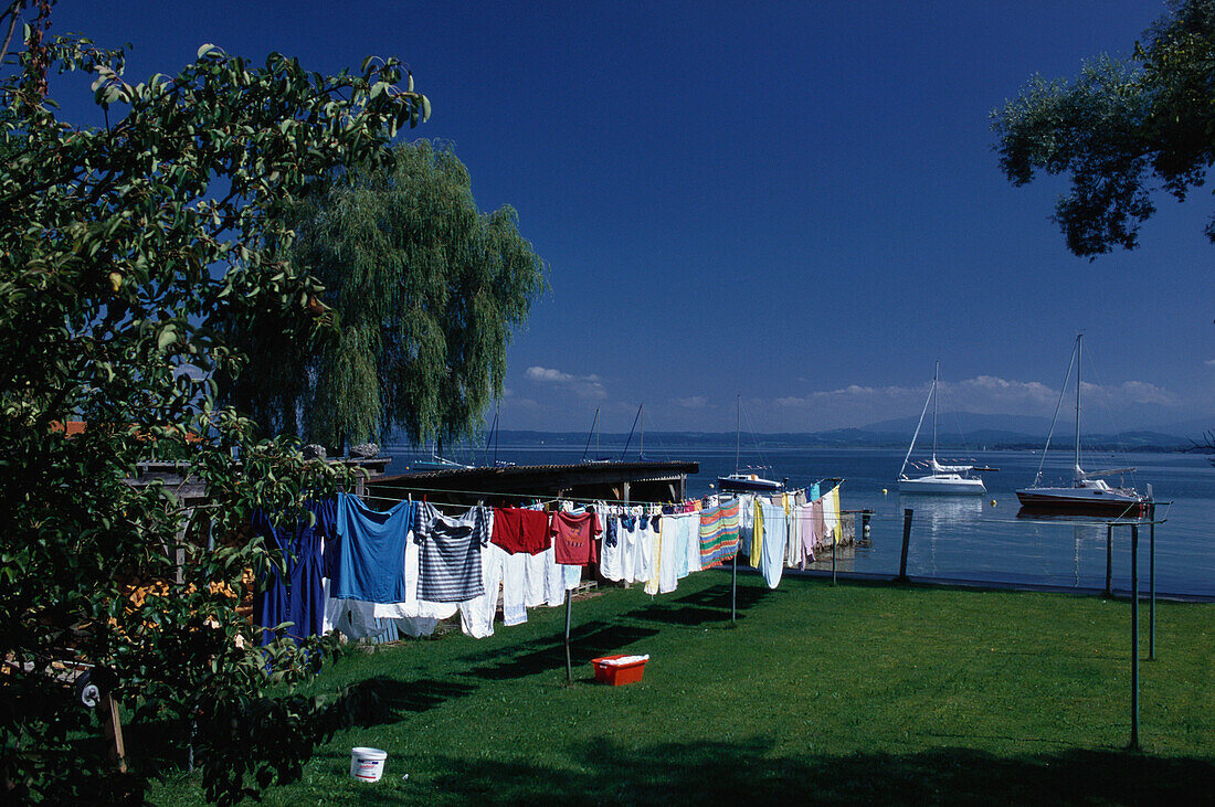 Washing on the washing line at Fraueninsel, Lake Chiemsee, Bayern, Germany