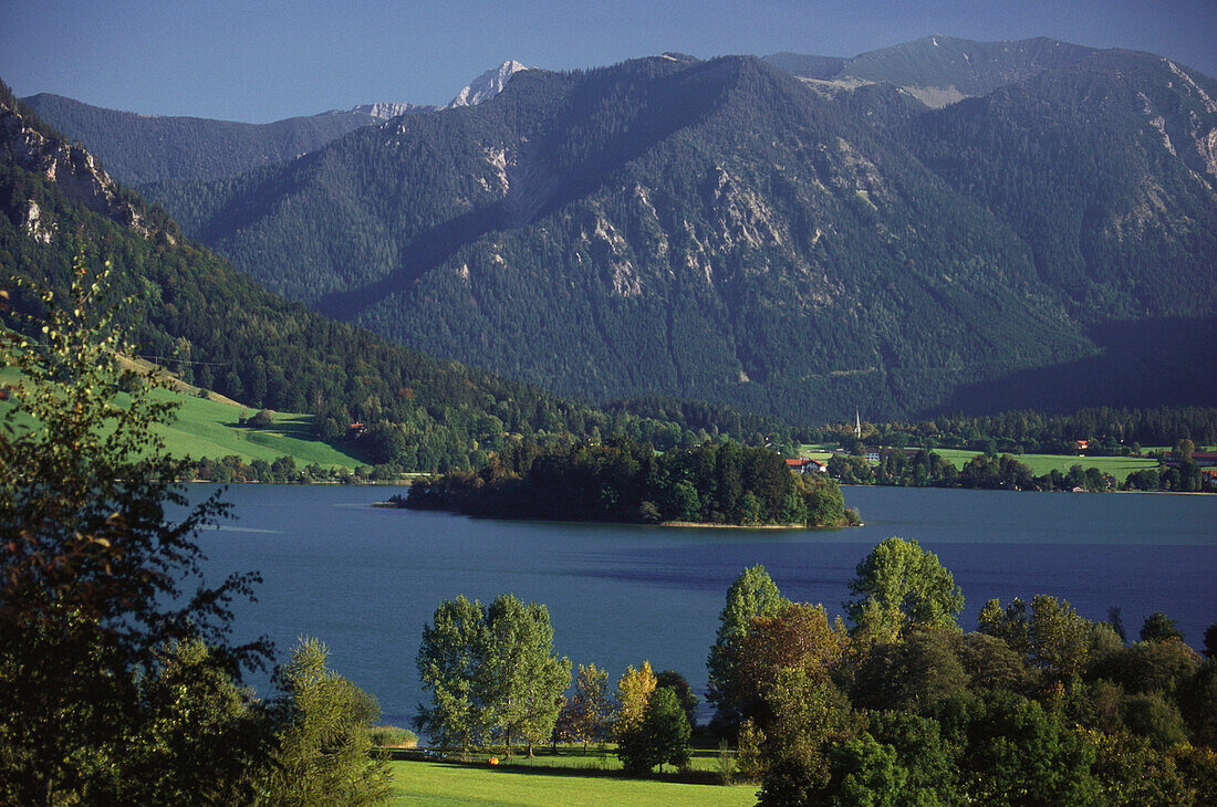 View over Lake Schliersee to the Alps, Upper Bavaria, Bavaria, Germany