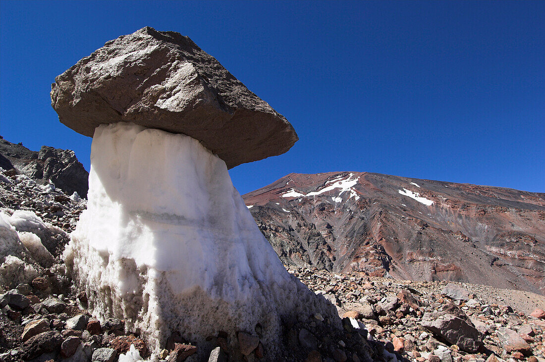 A glacier in the shape of a mushroom, at the foot of Cerro Marmolejo, 6085 m, Chile