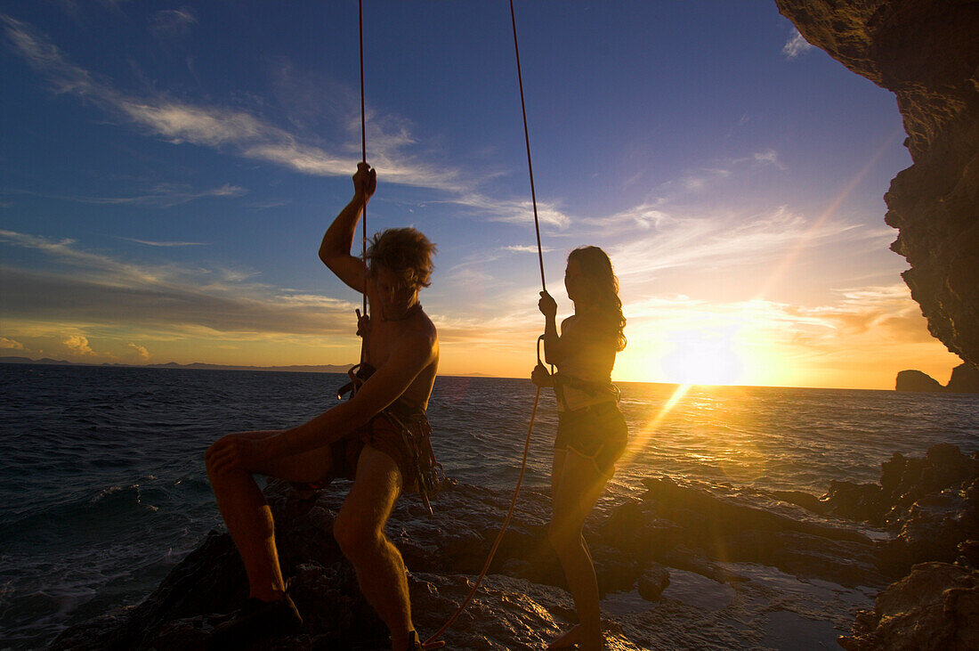 Free climber rappelling, Nosy Andantsara, Madagascar