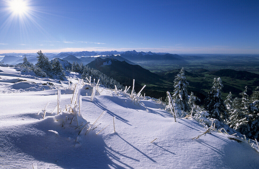 Hochries with first snow of the season and view to range of Bavarian Alps, Upper Bavaria, Bavaria, Germany