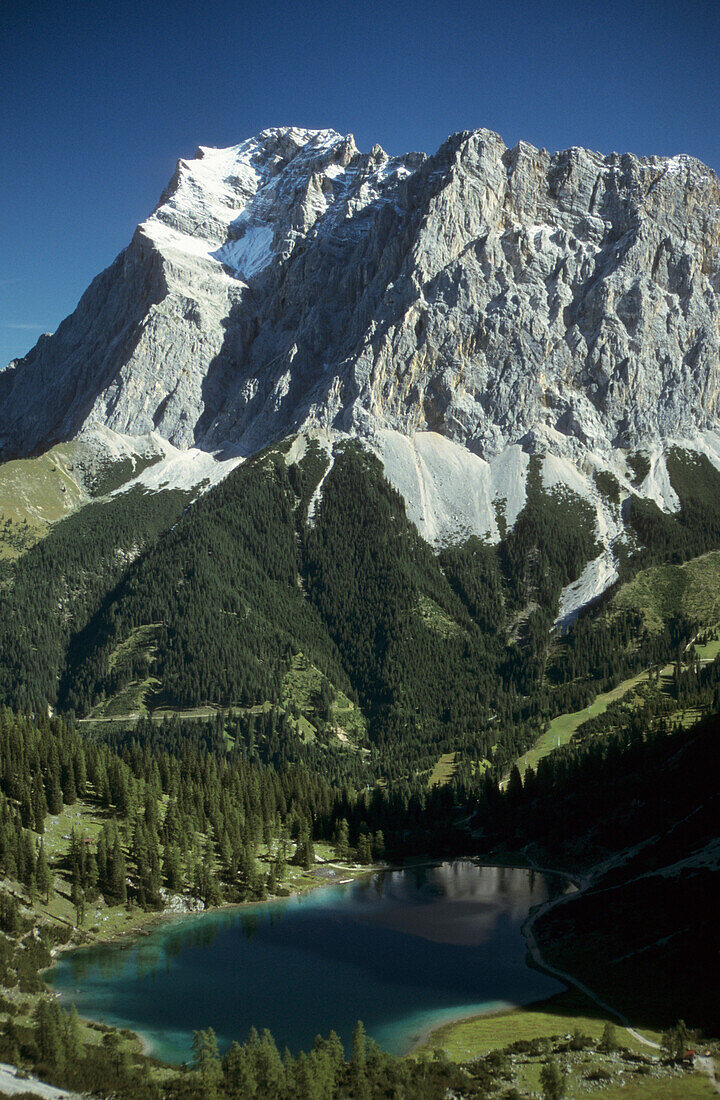 View over Lake Seeben to mount Zugspitze, Ehrwald, Tyrol, Austria