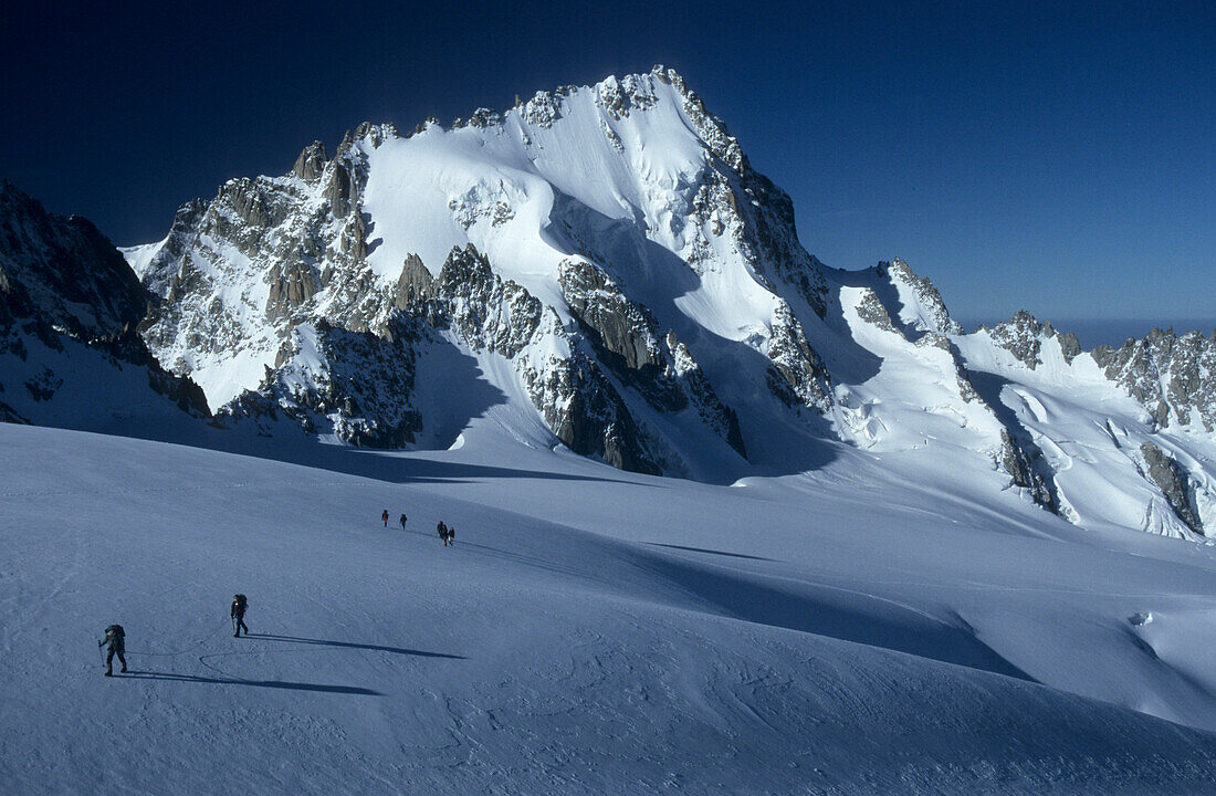 Mountaineers on glacier in front of Aiguille de Chardonnet, Mont Blanc range, France