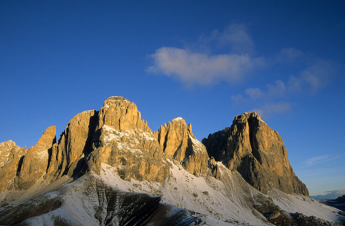 Langkofel, Fuenffingerspitze and Grohmannspitze from Sellajoch, Wolkenstein, Dolomites, South Tyrol, Italy