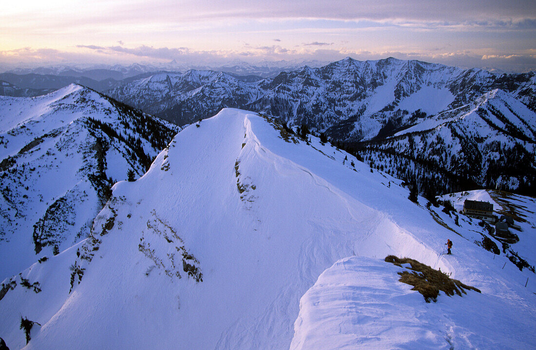 backcountry skier at top of steep Rotwandrinne, Rotwand, Bavarian alps, Upper Bavaria, Bavaria, Germany