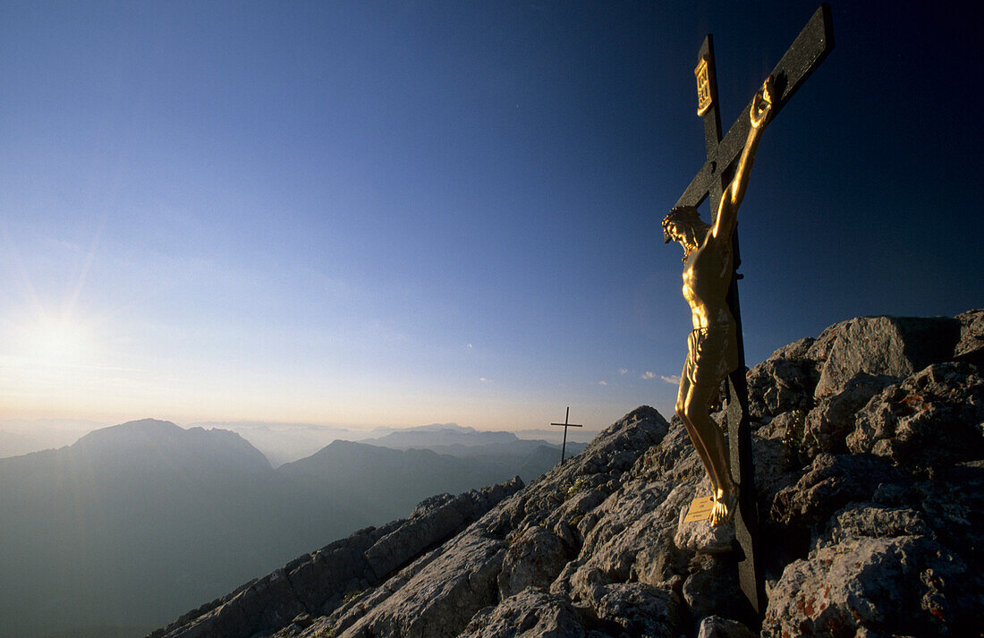 Summit cross and crucifix at mount Watzmann, Berchtesgaden Alps, Upper Bavaria, Bavaria, Germany