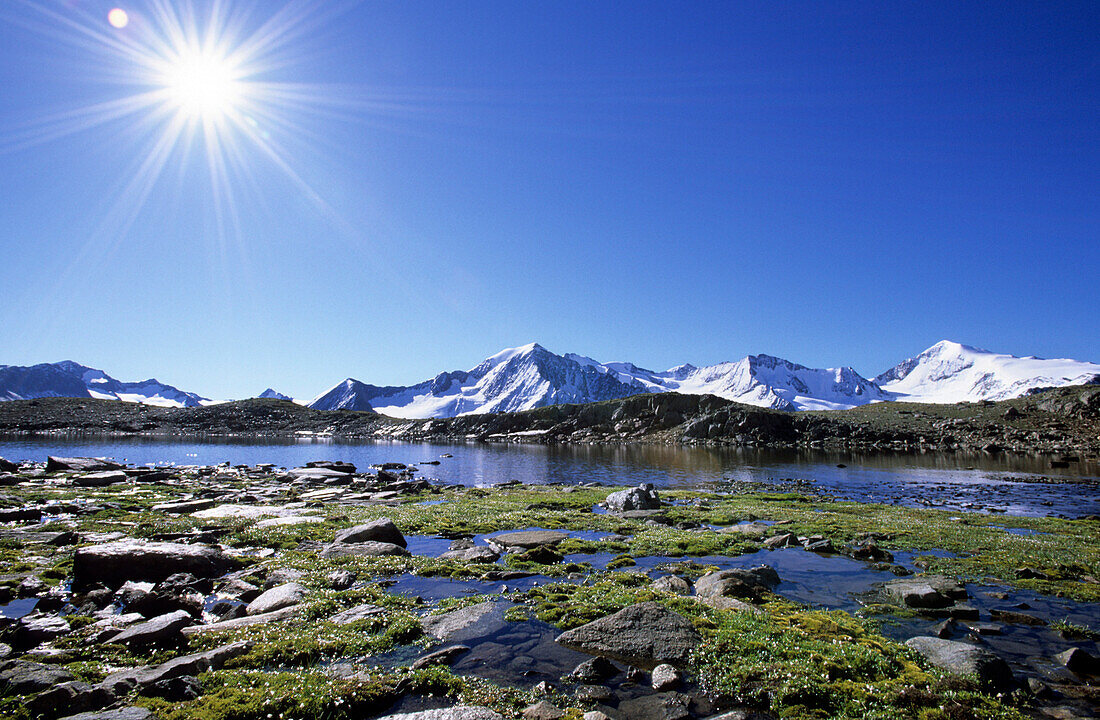 Blick über Samoarsee auf Mutmalspitze und Similaun, Ötztaler Alpen, Tirol, Österreich