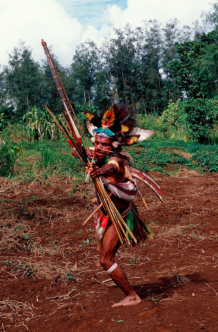 Huli Perueckenmann mit Bogen, Bogenschuetze, Tari, Huli, Highlands, Papua Neu Guinea