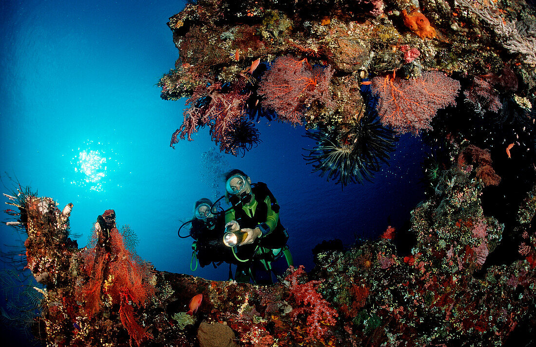 Zwei Taucher untersuchen Schiffswrack Liberty, Bali, Tulamben, Indischer Ozean, Indonesien