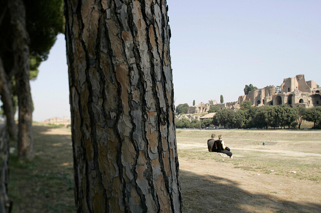 Pärchen sitzt auf der Wiese des Zirkus Maximus und vor ihnen erstreckt sich der Palatin, Rom, Italien