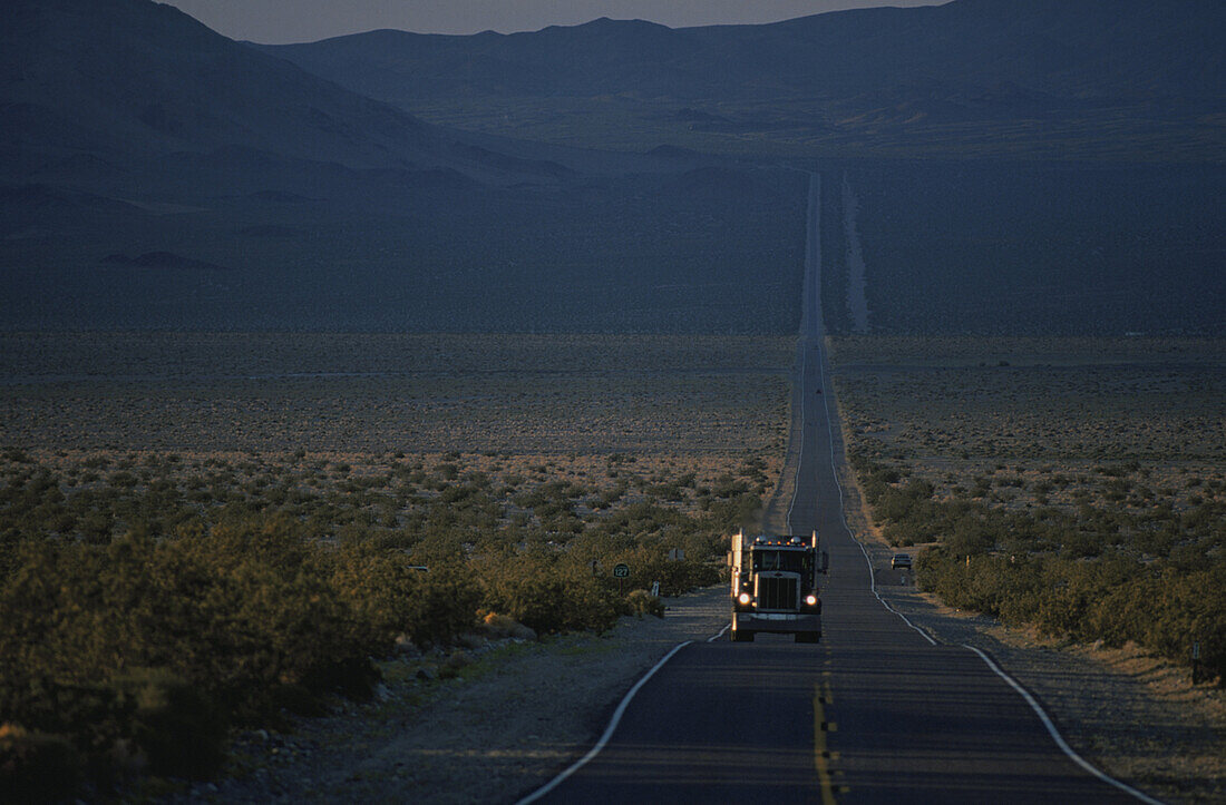 Truck on HWY 127, Death Valley, California, USA