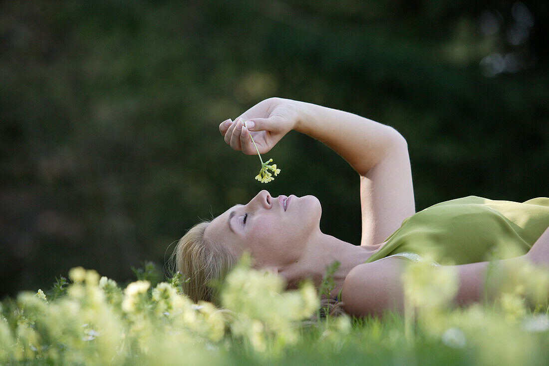 Junge Frau liegt auf einer Wiese und riecht an einer Blume, Icking, Bayern, Deutschland