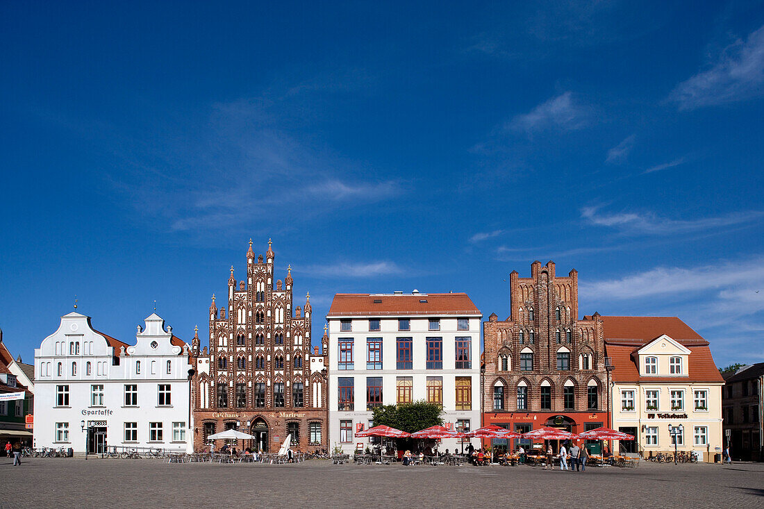 View over market square to row of houses, Greifswald, Mecklenburg-Western Pomerania, Germany