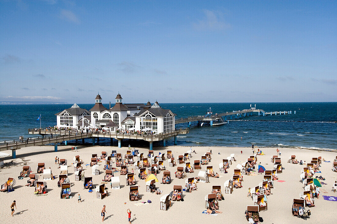 Pier and beach, Sellin, Ruegen, Baltic Sea, Mecklenburg-Western Pomerania, Germany