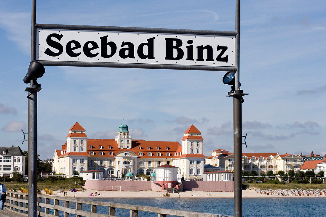 View over pier to spa hotel, Binz, Rugen island, Mecklenburg-Western Pomerania, Germany