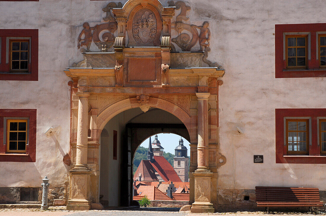 View through portal of castle Wilhelmsburg towards the town of Schmalkalden, Thuringia, Germany