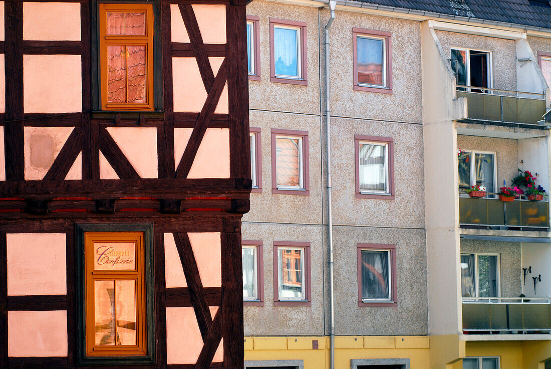 Half-timbered house and Plattenbau, Schmalkalden, Thuringia, Germany