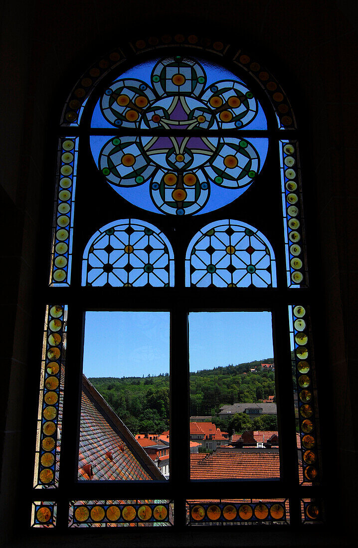 Window with coloured Glas in the church tower, Meiningen, Thuringia, Germany
