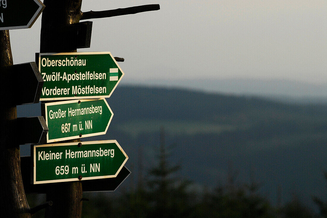 Hiking signs at Rennsteig on Hohe Most, Rennsteig near Oberhof, Thuringia, Germany