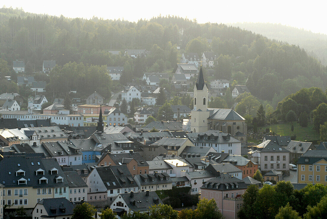 View over Bad Lobenstein with St. Michaelis' Church, Bad Lobenstein, Thuringia, Germany