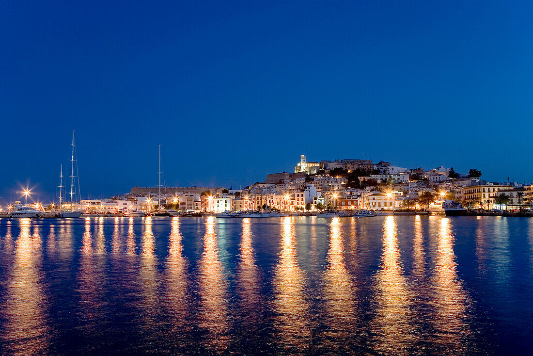 Harbour at night, Dalt Vila, Old Town, Eivissa, Ibiza, Balearic Islands, Spain