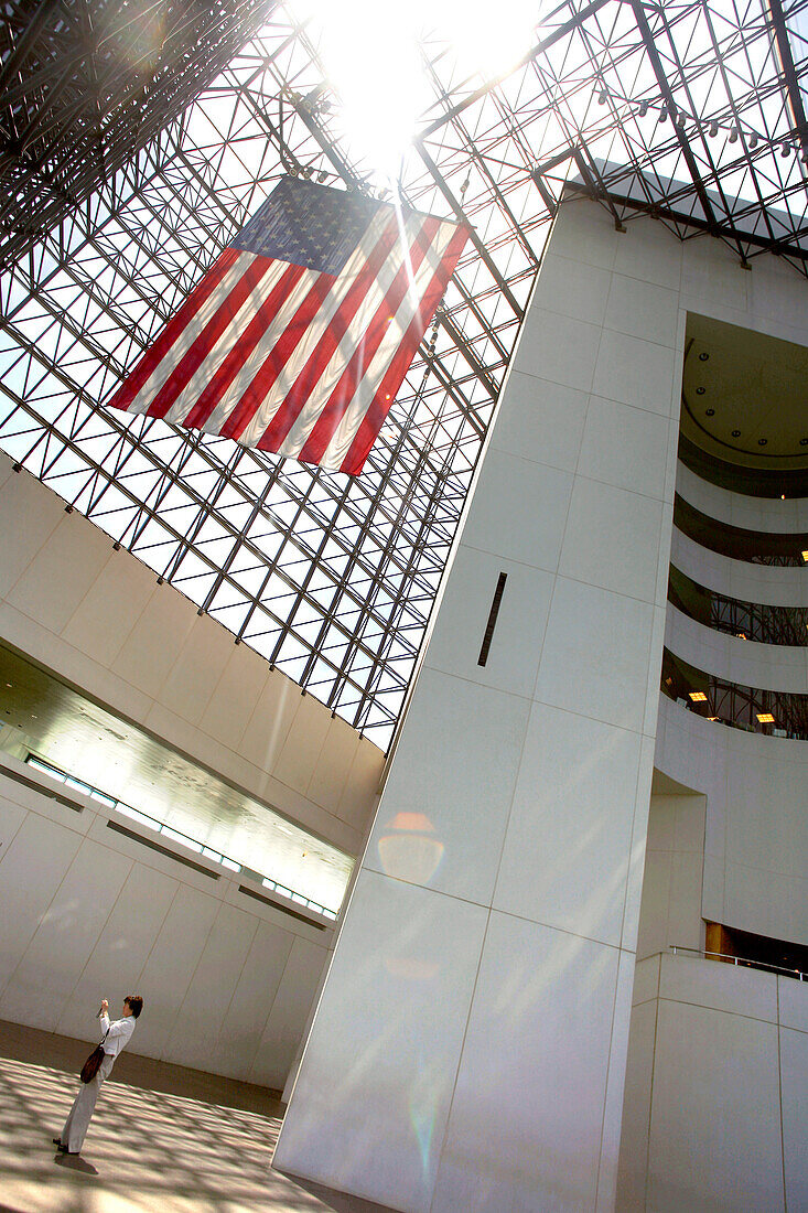 John F Kennedy Library with flag, Stars and Stripes, Boston, Massachusetts, USA