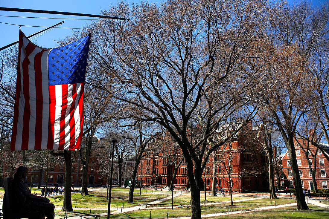 Flag hanging outside Harvard University, Cambridge, Massachusetts, USA
