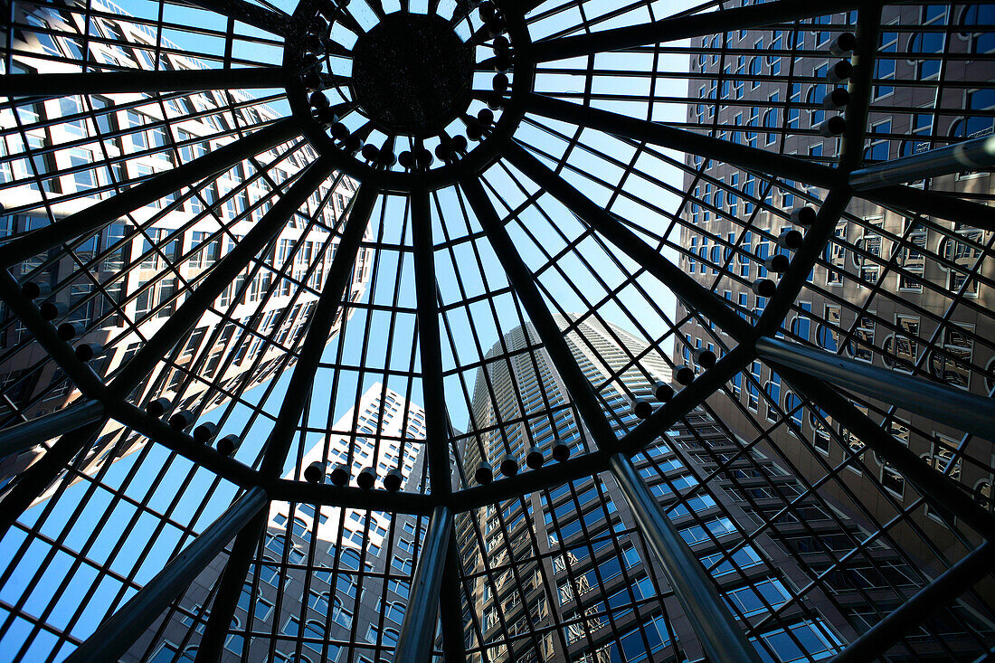 View of office buildings through a glass dome, International Place, Boston, Massachusetts, USA