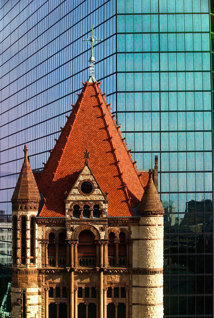 View of Trinity Church with highrise building in the background, Boston, Massachusetts, USA