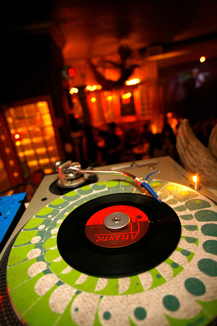 Close up of a record player at River Gods Bar, Cambridge, Boston, Massachusetts, USA