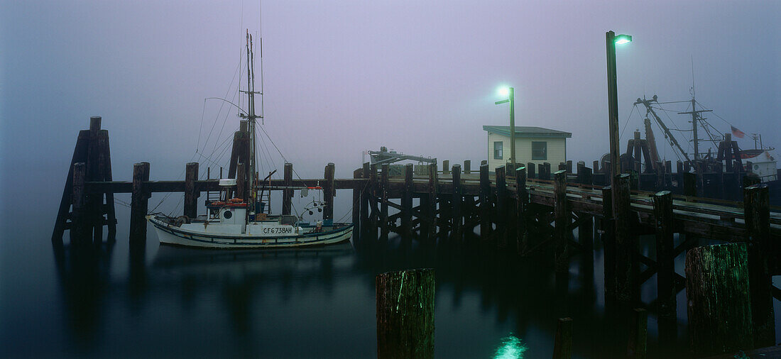 A harbor at dusk, Wharf Tides, Bodega Bay, Sonoma County, California, USA, America