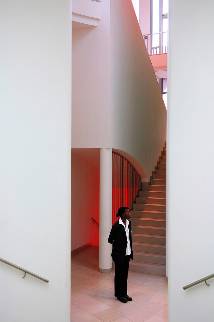 Woman inside the Museum for Modern Art, MMK, Modern Architecture, Frankfurt, Hesse, Germany