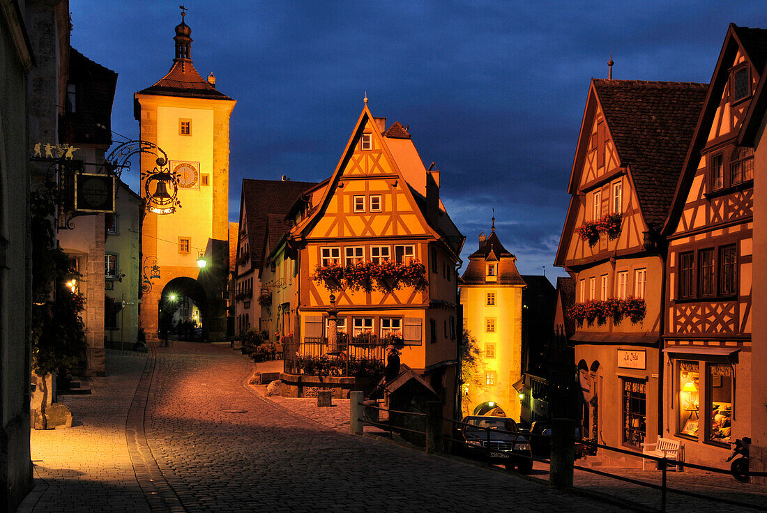View of the medieval old town with tower and half-timbered houses, Siebersturm, Ploenlein, Rothenburg ob der Tauber, Franconia, Bavaria, Germany