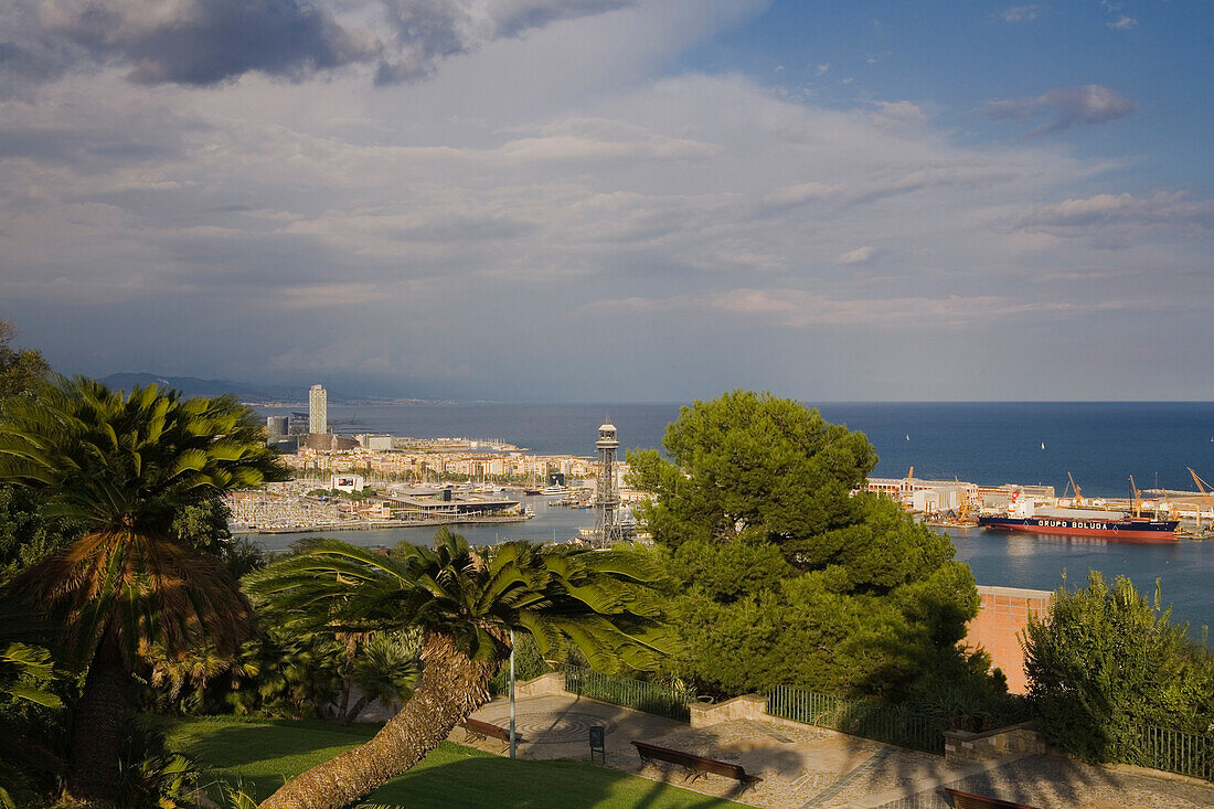 Jardins del Mirador, view from Montjuic to harbour,  coastline, Barcelona, Spain