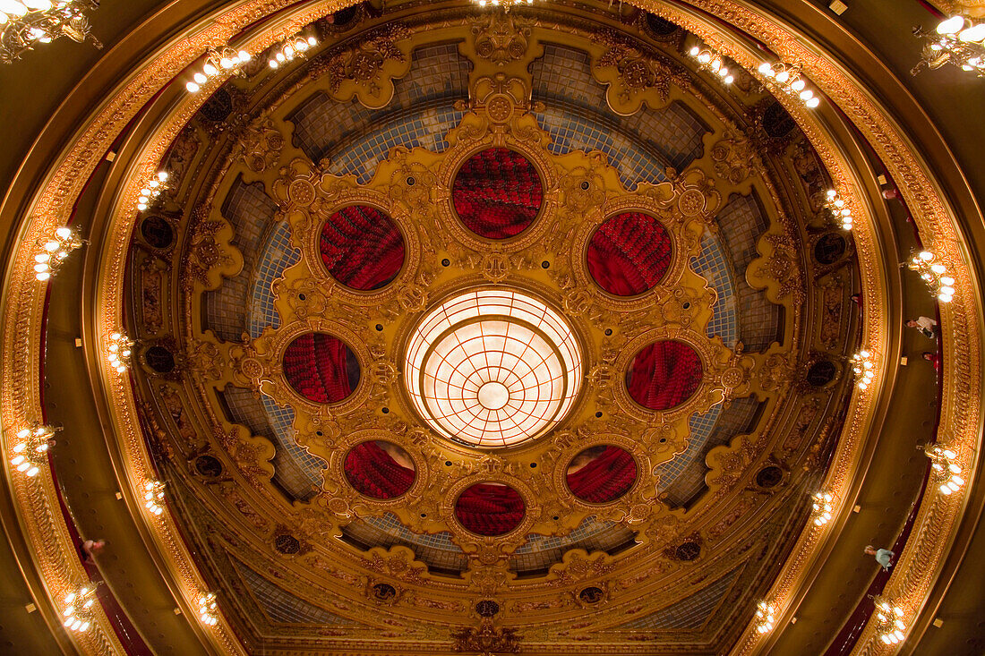Terrassen und Tafel, Gran Teatre del Liceu, Oper, La Rambla, Ciutat Vella, Barcelona, Catallonia, Spanien