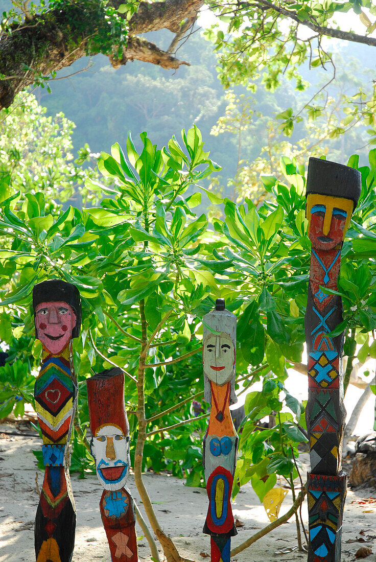 Moken totem poles at Mai Ngam beach, Surin Islands Marine National Park, Ko Surin, Thailand