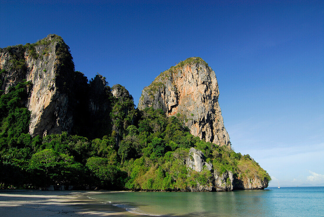 Beach and limestone rocks at Hat Railey West, Krabi, Thailand