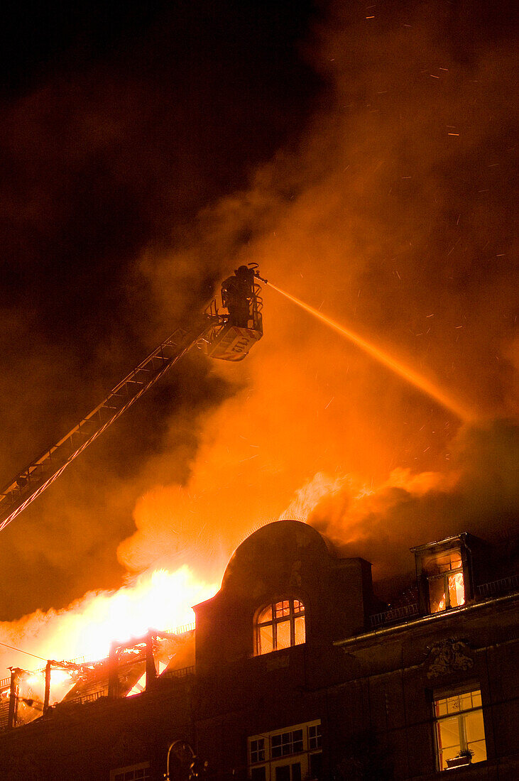 Roof fire, Munich, Upper Bavaria, Bavaria, Germany
