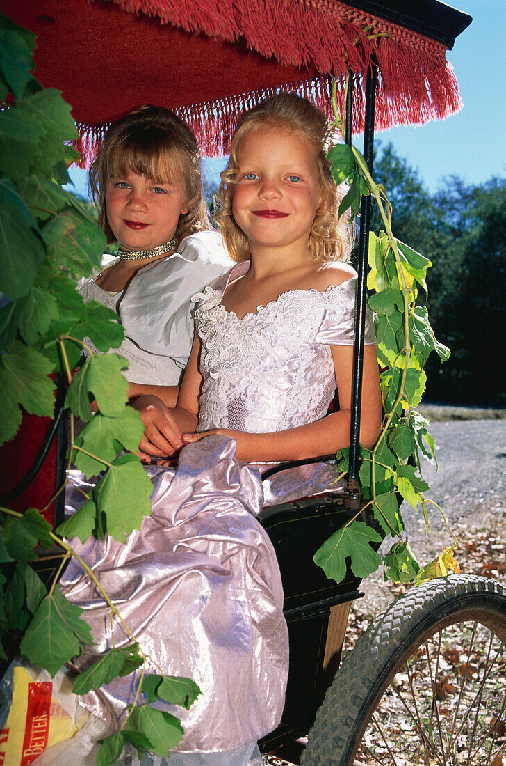 Carriage with two children, girls, decorated with vine leaf, at a village festival, Glen Ellen, Sonoma Valley, California, USA