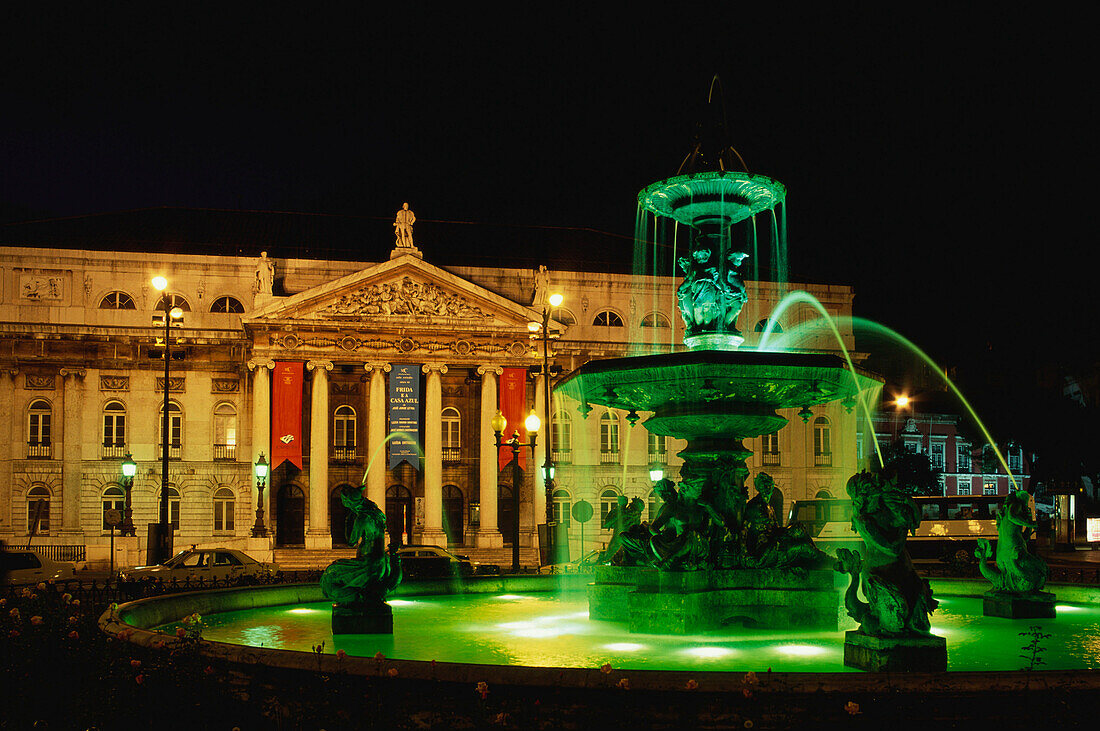 Teatro D. Maria II, National Theatre D. Maria II and fountain at night, Rossio, Baixa, Lisbon, Portugal