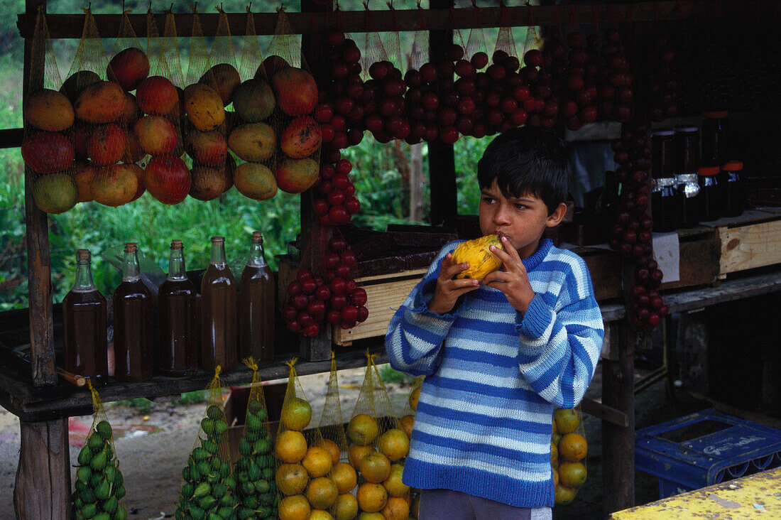 Fruit Stall selling fruit, Boy eating a fruit, Garganta do Registro, Serra da Mantiqueira, Minas Gerais, Brasil, South America