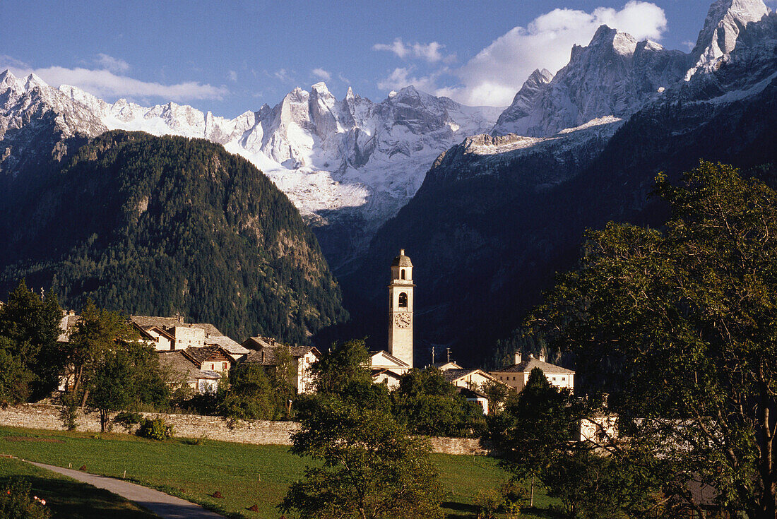 Soglio mountain village in front of snow covered Sciora peaks, Bregaglia valley, canton Grisons,Switzerland