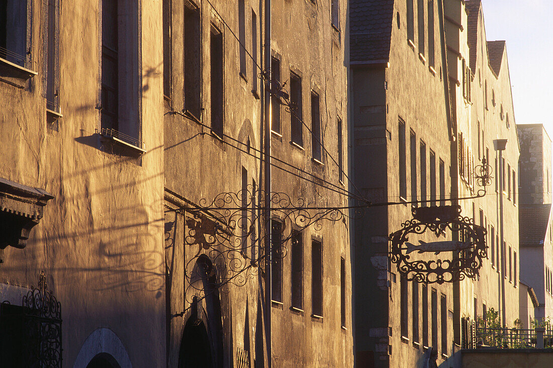 Medieval Patrician houses in the evening light, Regensburg, Upper Palatinate, Bavaria, Germany