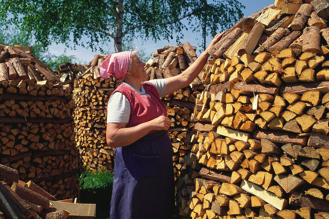 Traditionally dressed farmer woman piling up firewood to artistical heaps, Wiesenfelden, Bavarian Forest, Lower Bavaria, Germany